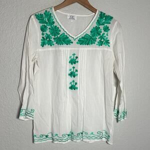 Chic Connection White Kelly Green Embroidered Top Boho Spring Casual Large